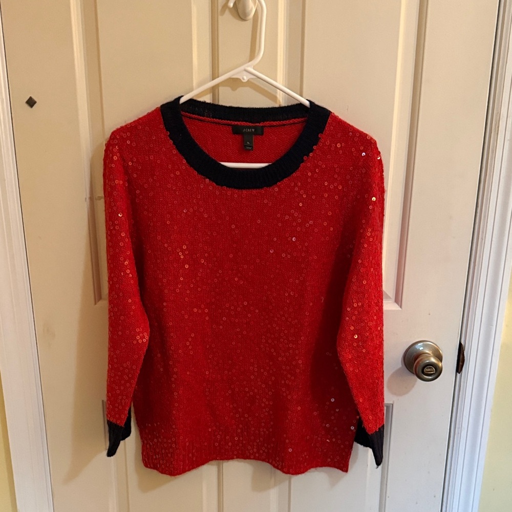 J. Crew Red Sequin Sweater with Black Trim